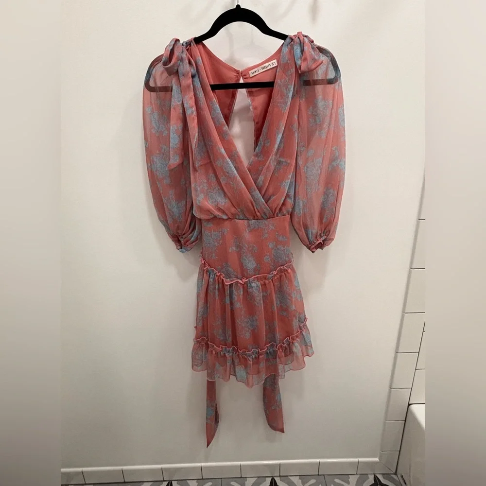 Saints + Secrets Pink Floral Ruffle Mini Dress Bow Shoulders Anthropologie - Picture 2 of 5